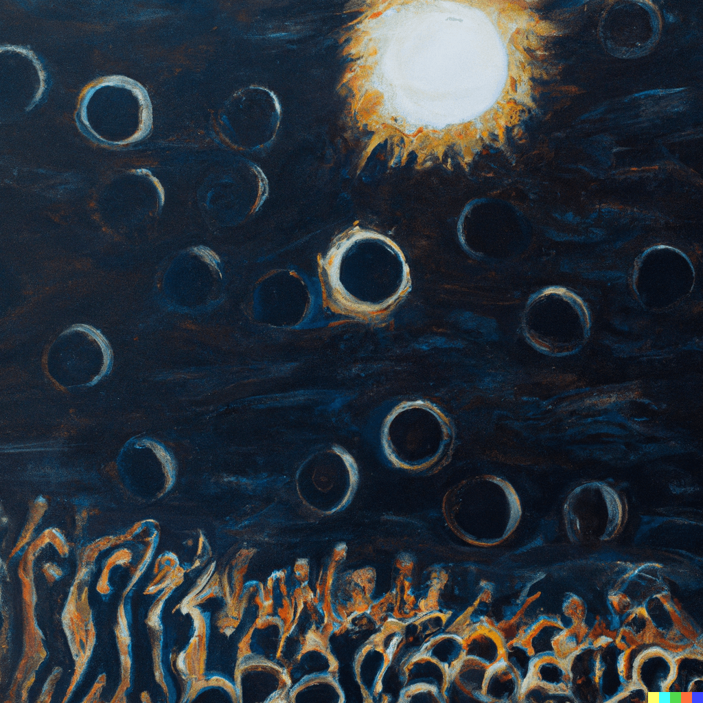 DALL E 2022-07-13 10.08.46 - The oil painting depicts a huge solar eclipse taking place, with everyone screaming and running around..PNG
